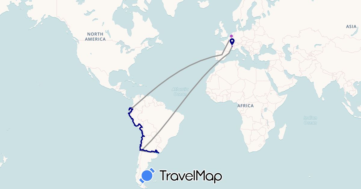 TravelMap itinerary: driving, plane, train, boat in Argentina, Belgium, Chile, Ecuador, Spain, France, Peru, Uruguay (Europe, South America)